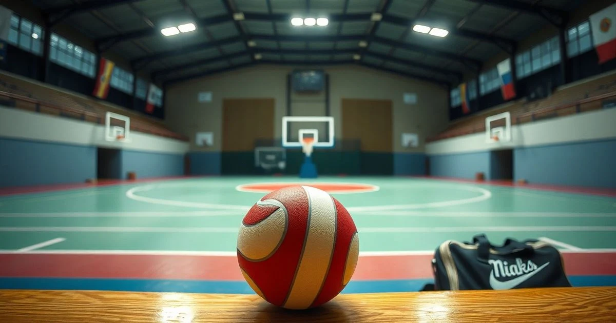 Pista de balonmano vacía con un balón y una bolsa deportiva en el banquillo