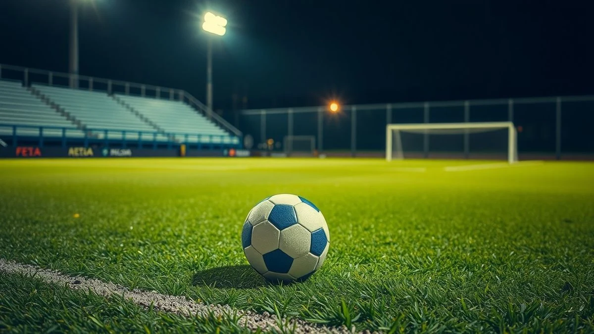 Campo de fútbol de césped artificial iluminado por focos, con un balón en el centro y fondo de gradas vacías.
