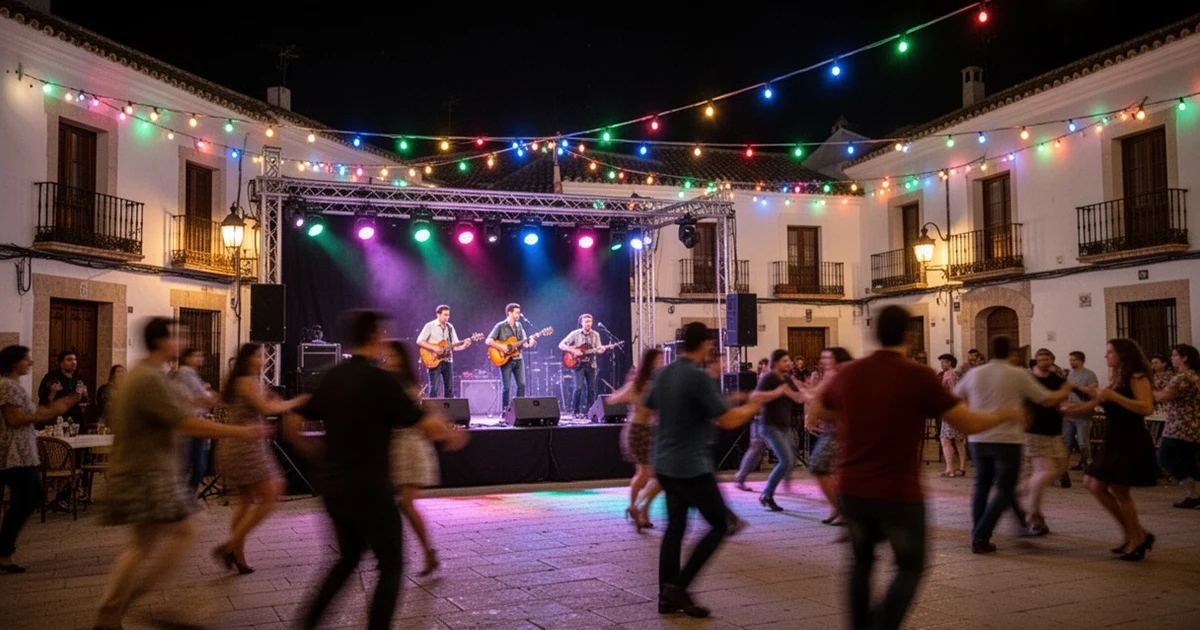 Feria de San Juan en Alhaurín de la Torre de noche con luces y gente bailando