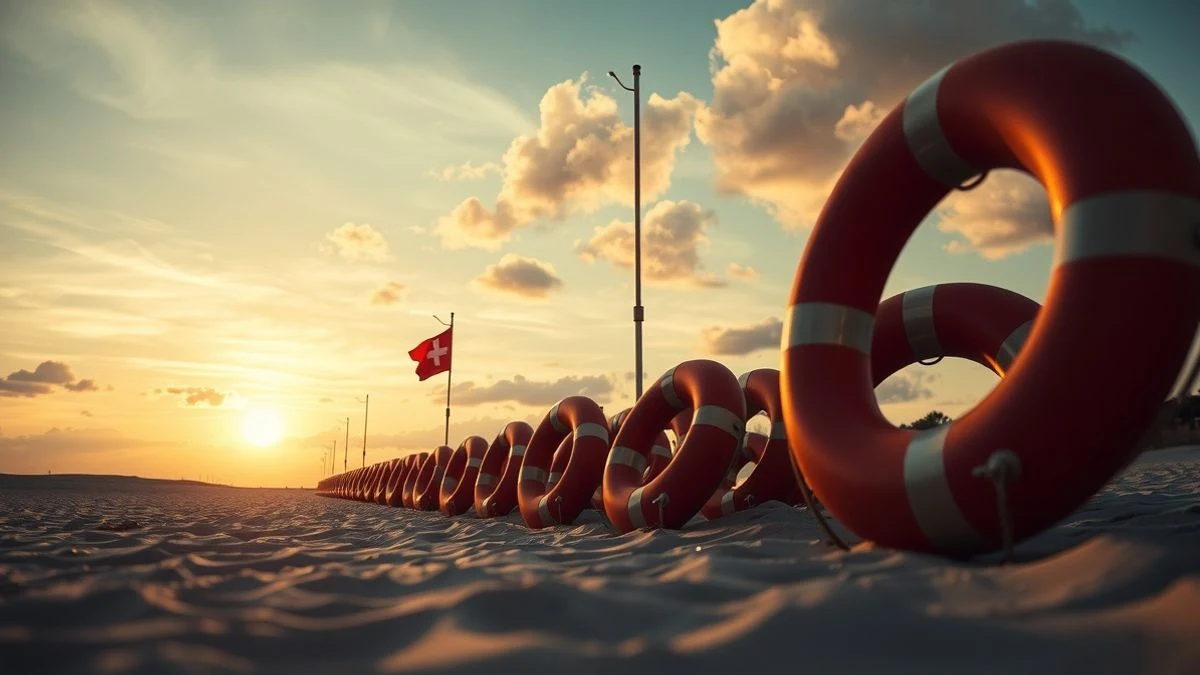 Vista a ras de suelo de tubos de rescate y bandera roja en una playa de Málaga al atardecer