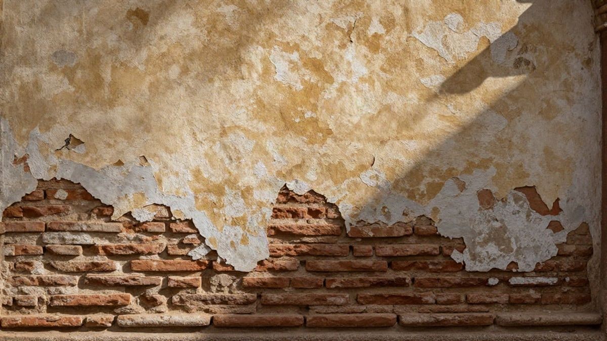 Illustrative image: detail of brick and lime plaster with layers of overlapping paint on an ancient wall