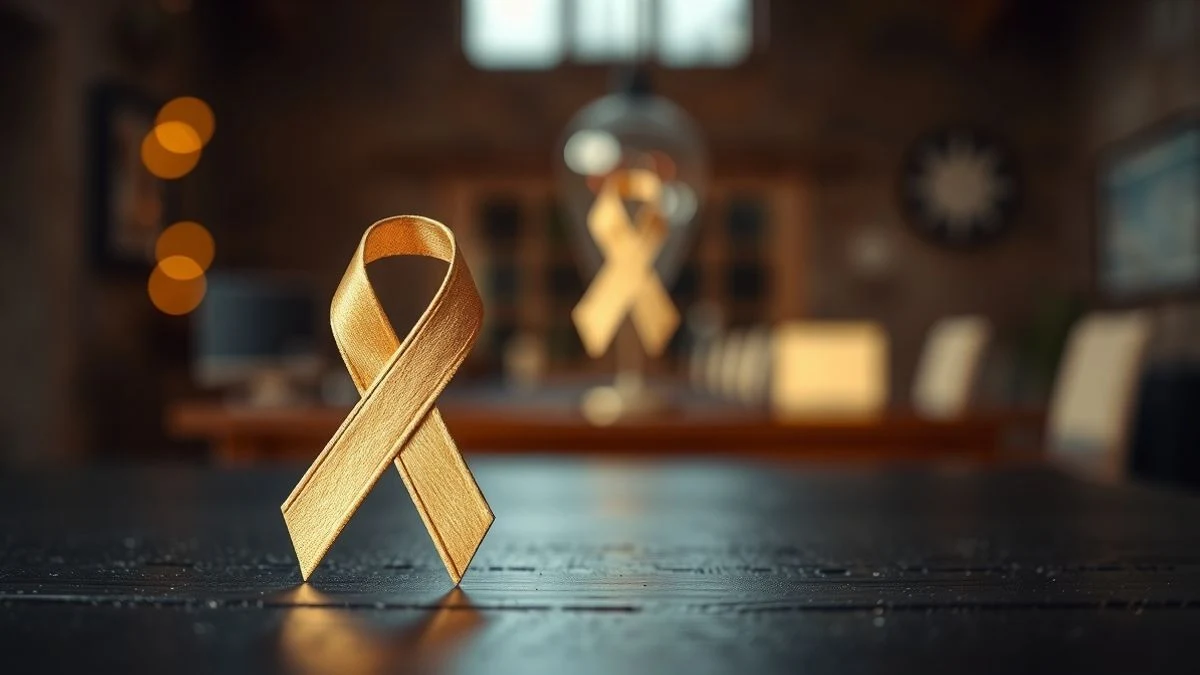 Illustrative image: close-up of a golden ribbon on a wooden table, with blurred background lights, representing solidarity against cancer.