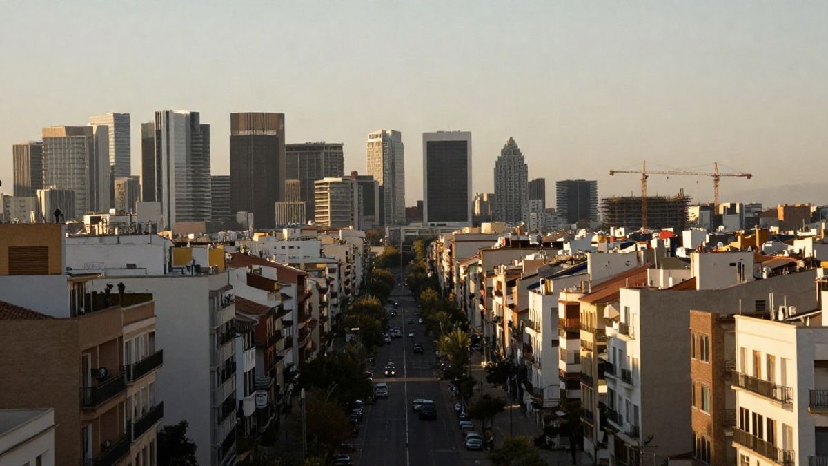 Imagen ilustrativa: gran angular de una ciudad con líneas que convergen hacia el horizonte y grúas de construcción