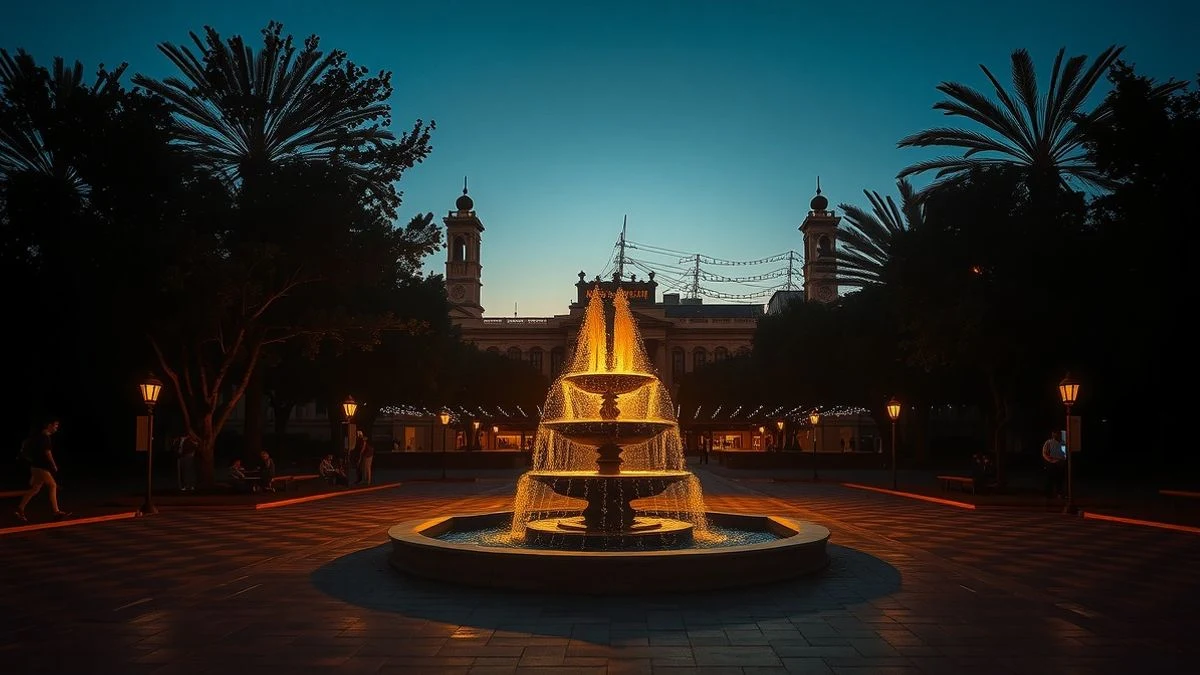 Illustrative image: a modern square at sunset with decorative lights and long shadows, with no visible people.