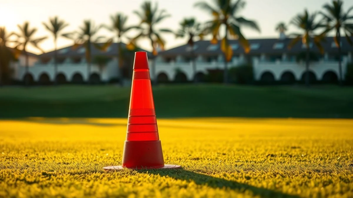 Imagen ilustrativa: un cono de entrenamiento sobre el césped con un campo de golf al fondo
