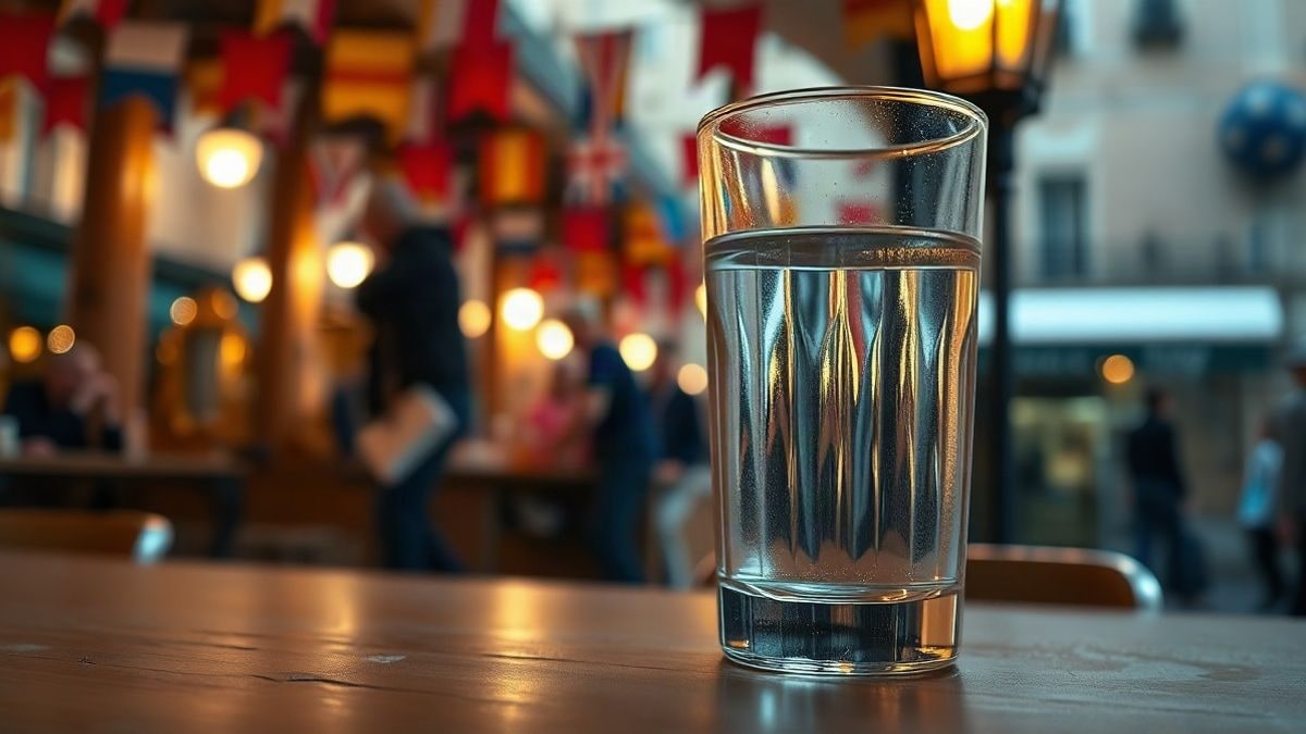 Imagen ilustrativa: un vaso de agua sobre una mesa de madera, con luces de feria al fondo desenfocadas