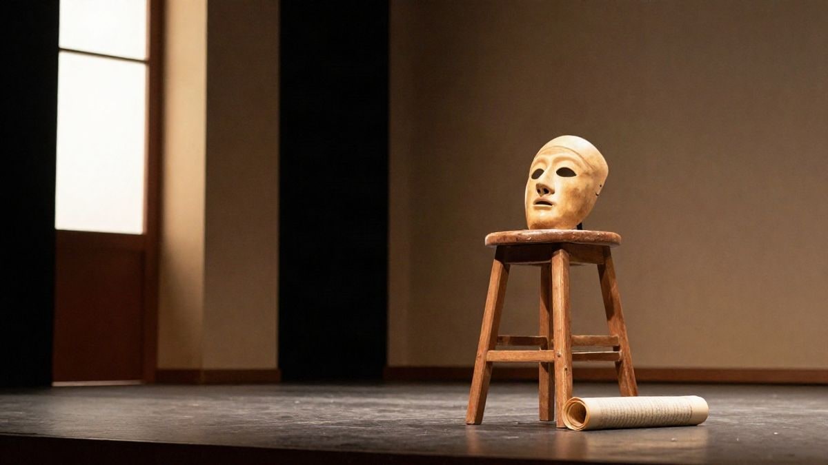 Illustrative image: a Greek theatre mask on a stool on a stage lit with side light