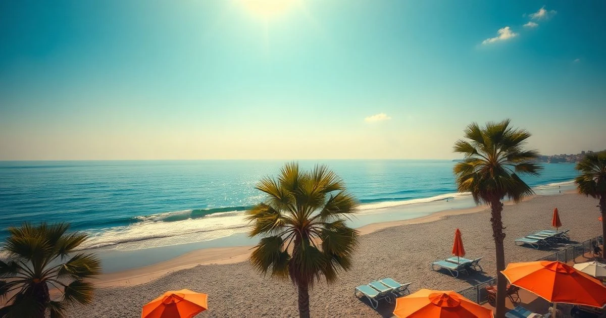 Vista aérea de una playa soleada en Málaga con cielo azul y mar, palmeras y sombrillas, sin personas visibles