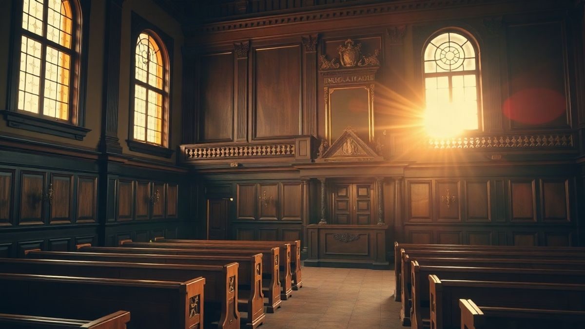 Imagen ilustrativa: una sala de plenos vacía con bancos de madera y luz cálida entrando por ventanales.