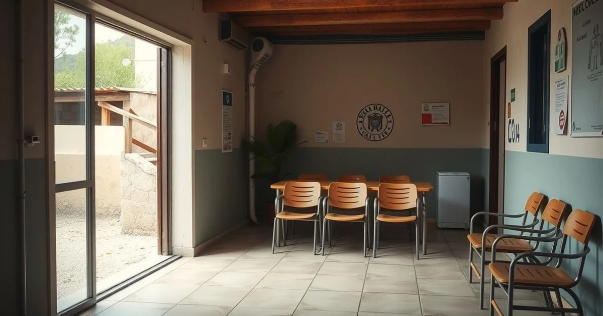 Fachada de un consultorio rural en un pueblo andaluz con luz natural