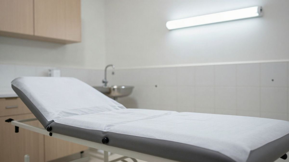 Imagen ilustrativa: interior de una consulta médica vacía con una pequeña cucaracha en la pared junto al rodapié.