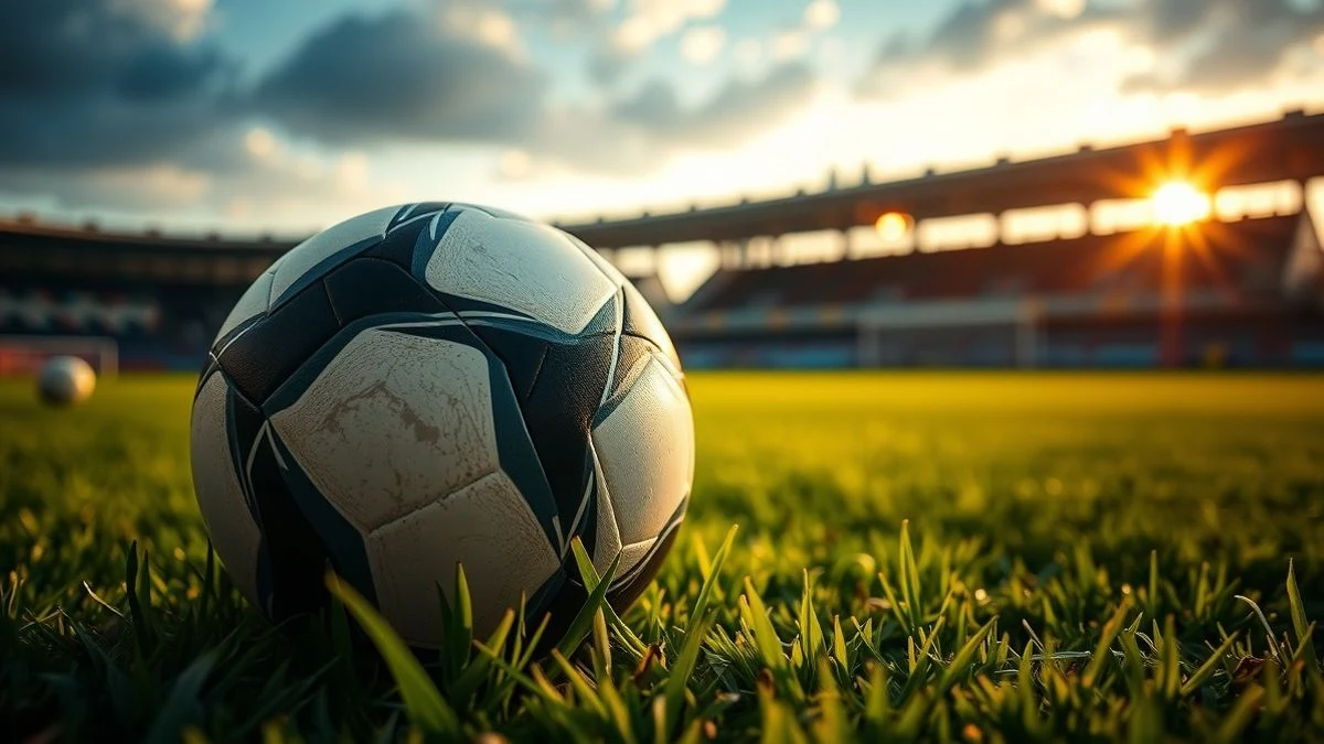 Primer plano de un balón de fútbol sobre el césped de un estadio al atardecer