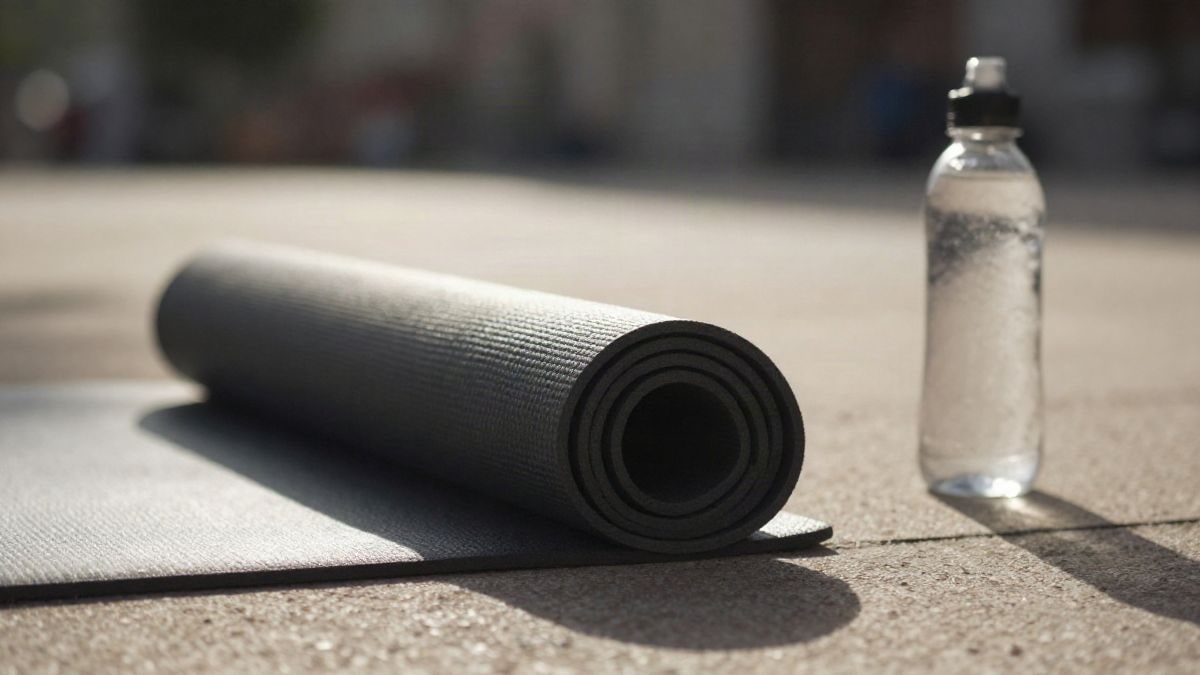 Imagen ilustrativa: una esterilla de yoga y una botella de agua sobre una plaza al aire libre con luz de mañana