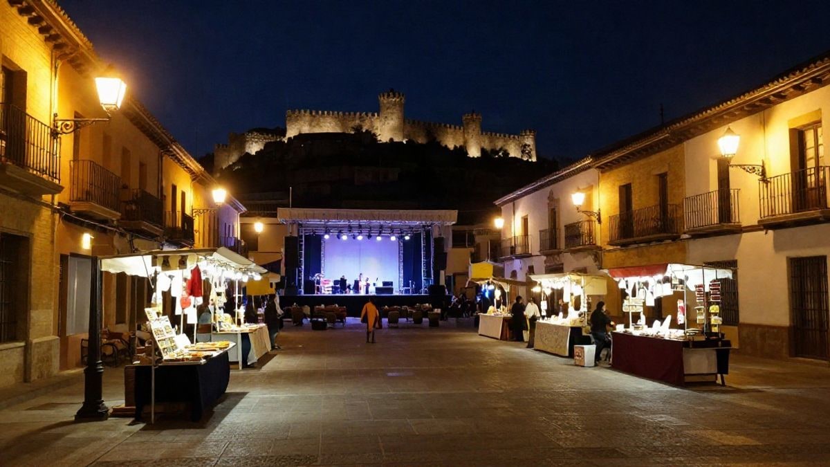 Illustrative image: historic square illuminated at night with a crowd of visitors and craft stalls