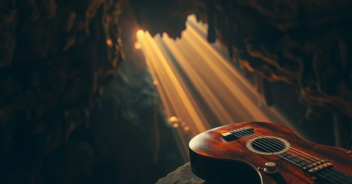 Entrada de la Cueva de Nerja con luz dorada y una guitarra en primer plano
