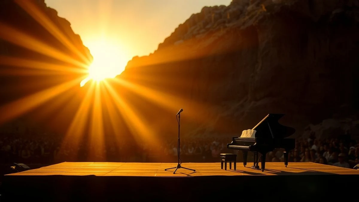 Sunset backlit at the Cantera de Nagüeles, with an empty stage and a silhouetted grand piano.