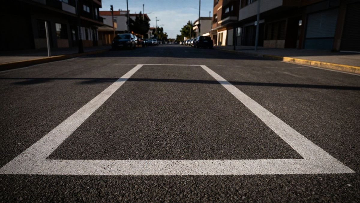 Imagen ilustrativa: líneas de aparcamiento recién pintadas en una vía de servicio urbana