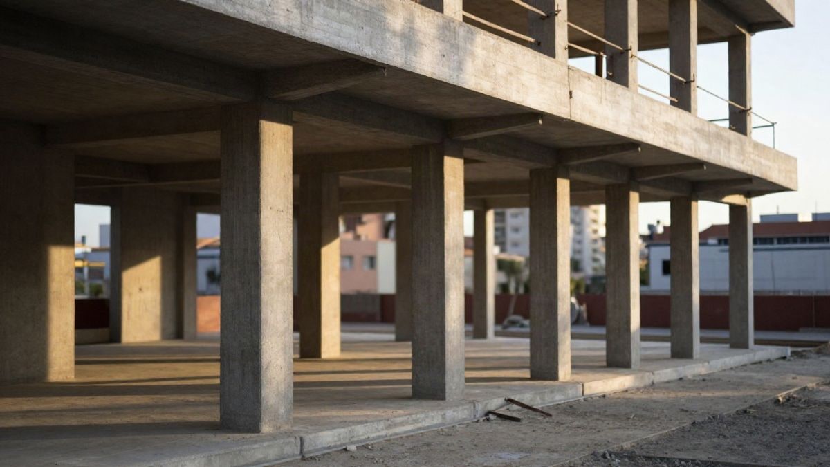 Imagen ilustrativa: estructura de un aparcamiento de varias plantas en construcción con luz de tarde