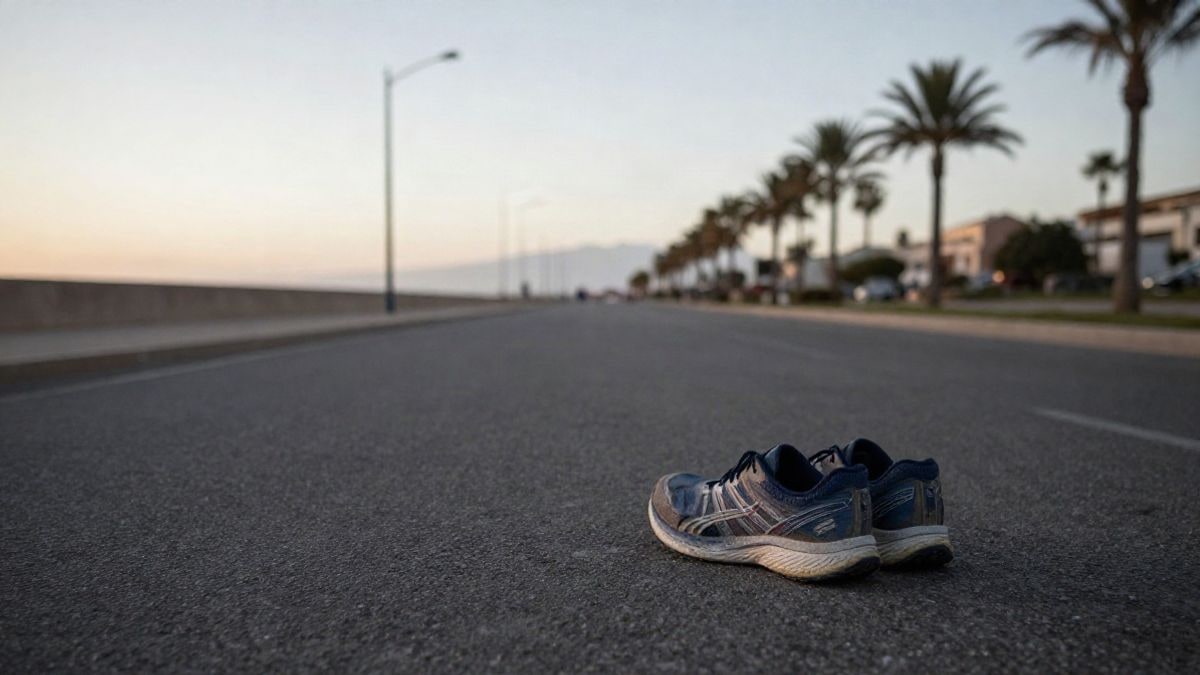 Imagen ilustrativa: zapatillas de corredor sobre el asfalto al amanecer con palmeras desenfocadas al fondo