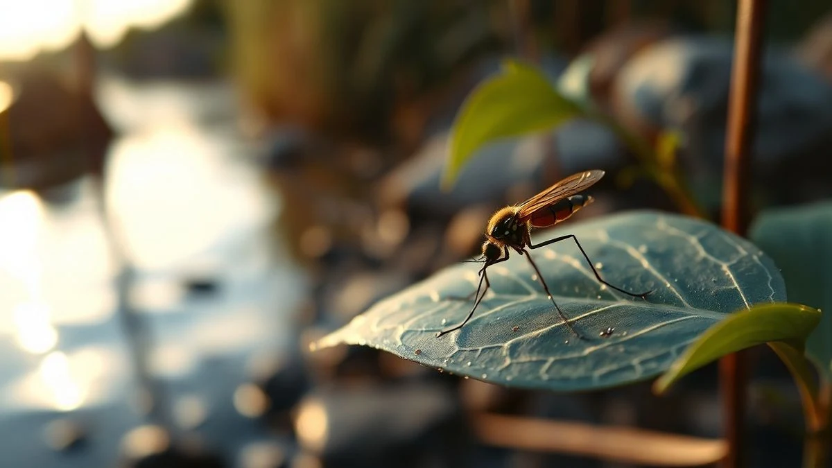 Illustrative image: a mosquito perched on a leaf by a river at sunset, with blurred water and reeds in the background