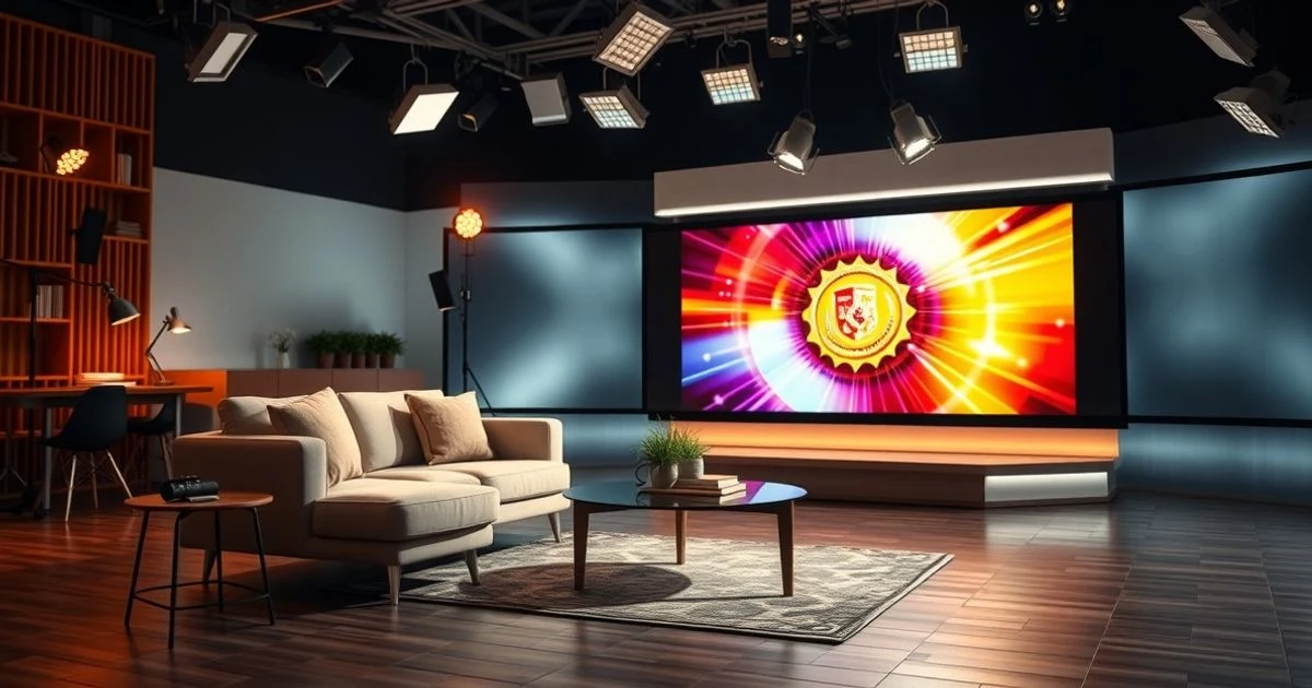 Plató de televisión vacío con sofá y pantalla, luces de estudio cálidas