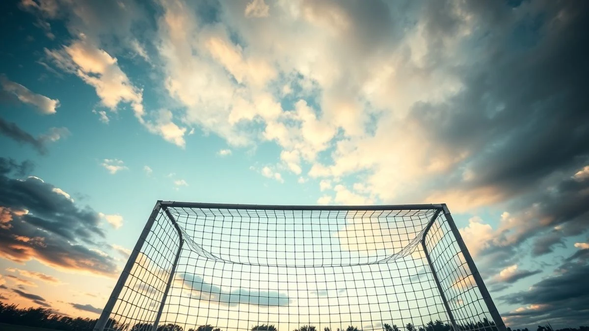Empty football goal with net and low sky in the background