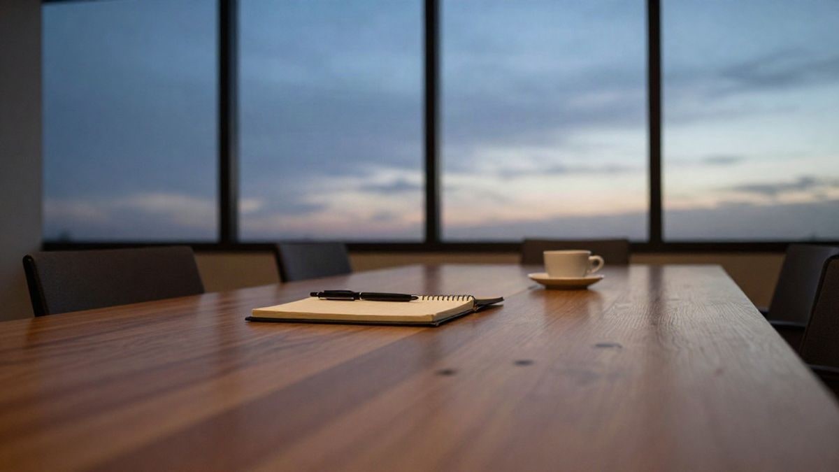 Imagen ilustrativa: mesa de madera vacía con una libreta y una taza de café junto a una ventana al atardecer