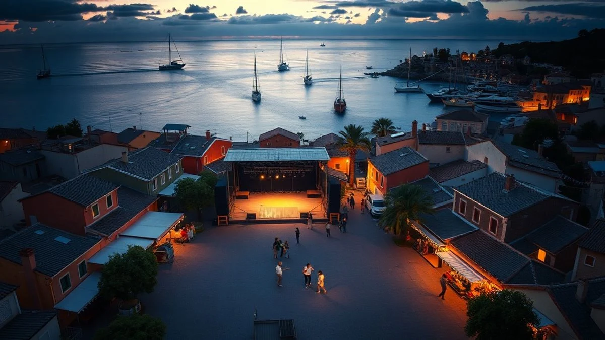 Illustrative image: aerial view of a Andalusian village square adorned with garlands and an empty stage at sunset, with the sea in the background.