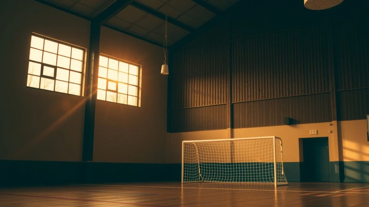 Imagen ilustrativa: interior de un polideportivo con una portería de fútbol sala y luz de atardecer entrando por una ventana