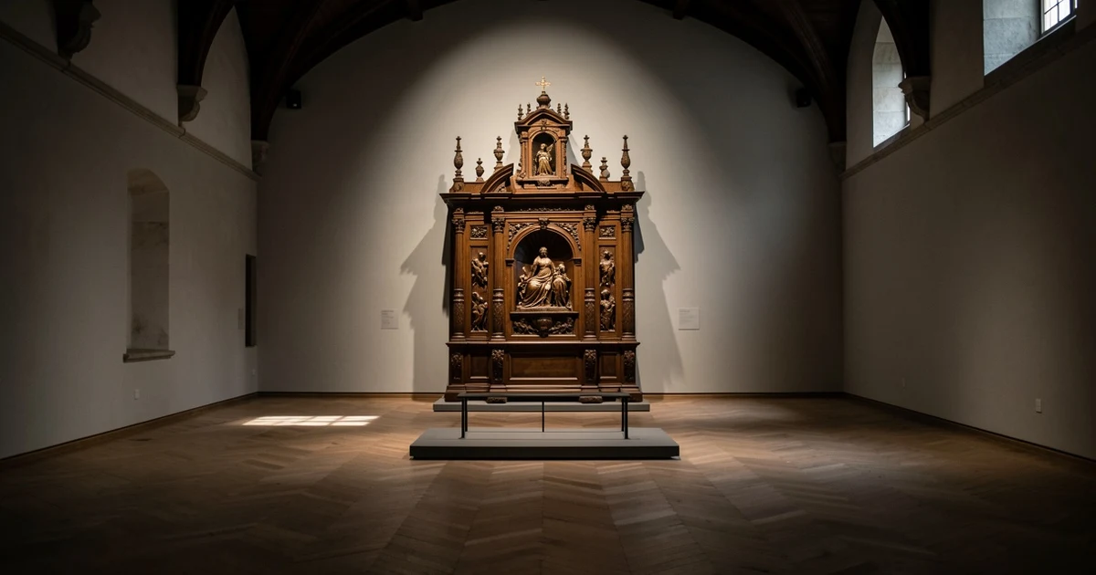 Retablo policromado del siglo XVI expuesto en una galería vacía, iluminado por un foco.