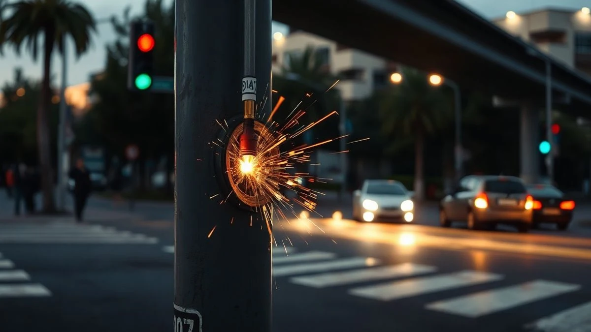 Imagen ilustrativa: primer plano de un bolardo metálico siendo reparado con un soplete en una rotonda al atardecer.