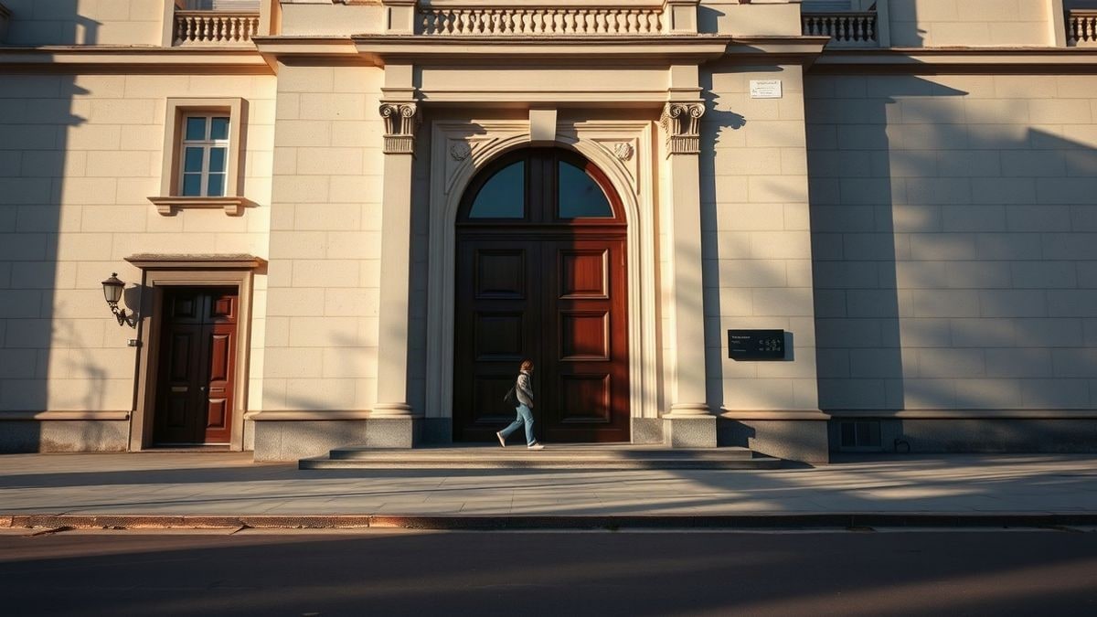 Imagen ilustrativa: fachada de un edificio institucional con una puerta de madera y una figura lejana de espaldas.