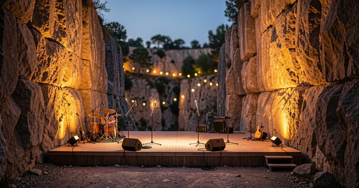 Escenario vacío en una cantera al atardecer con luces cálidas y paredes de roca