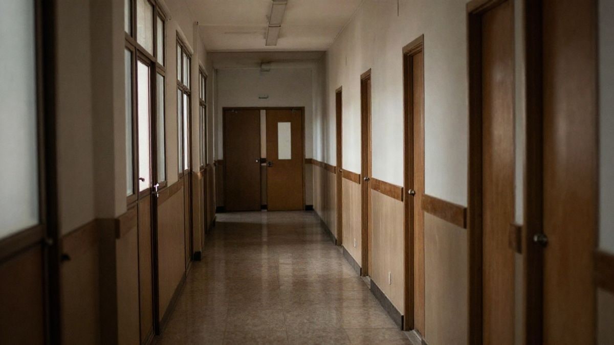 Imagen ilustrativa: pasillo interior de un colegio público vacío con luz lateral de ventana