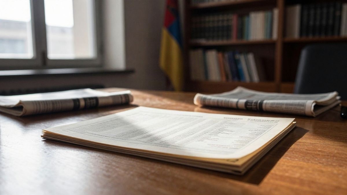 Imagen ilustrativa: escritorio de oficina vacío con horarios antiguos de transporte junto a una ventana con luz lateral