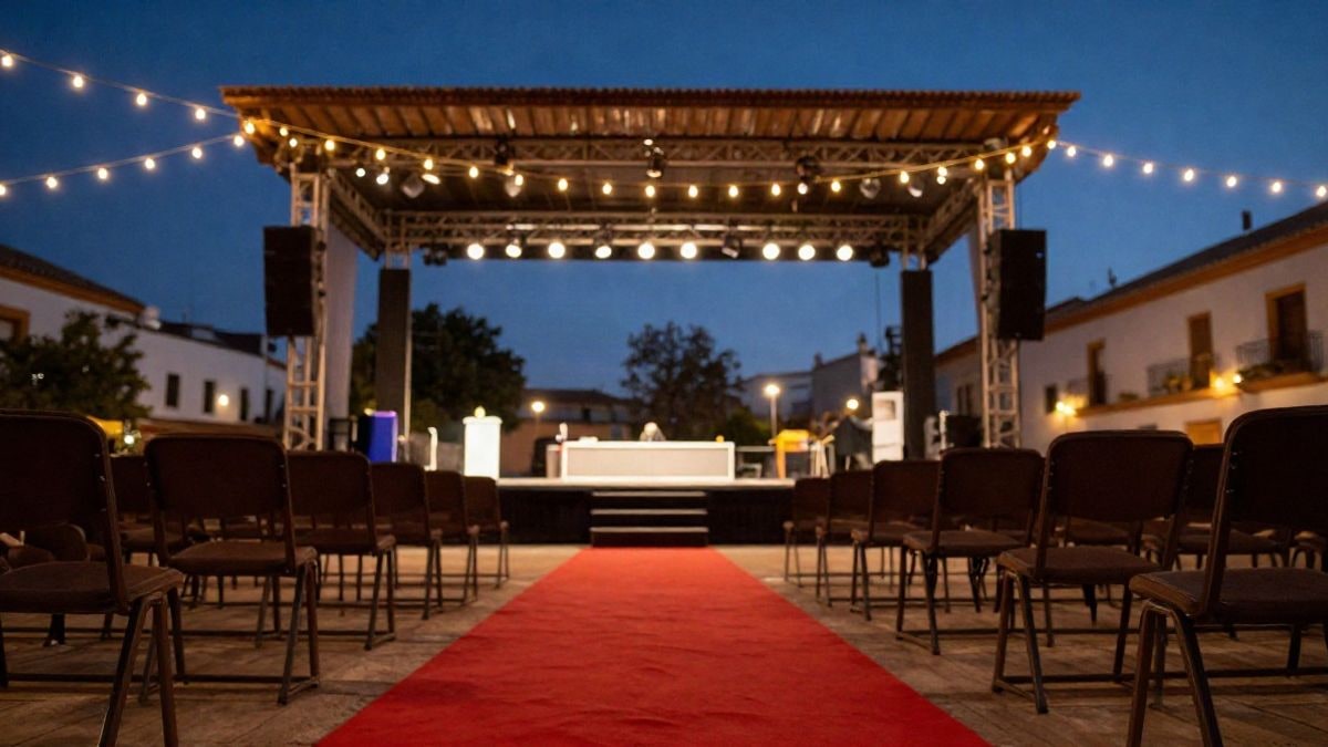Illustrative image: outdoor stage lit at sunset with red carpet in a square