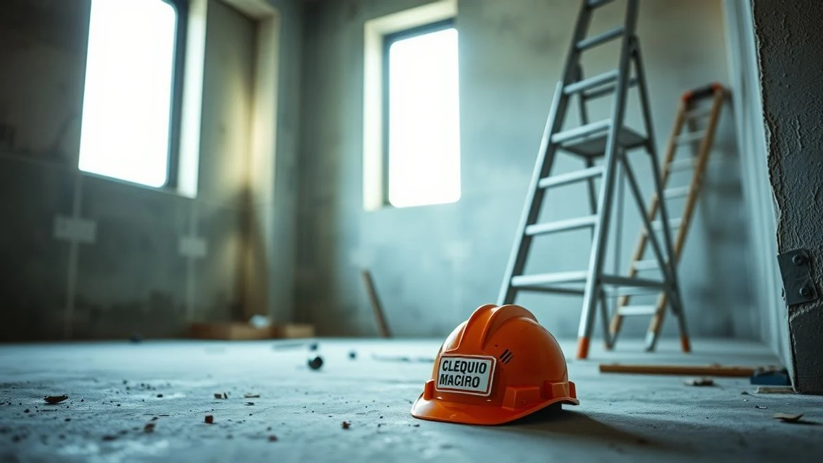 Construction helmet on the ground next to a ladder at a construction site