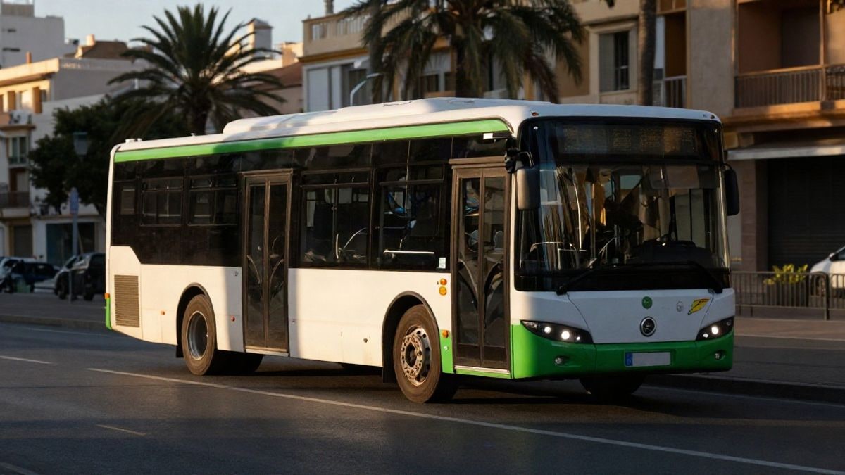 Imagen ilustrativa: autobús híbrido moderno aparcado en una calle al atardecer, con luz cálida y sombras largas.