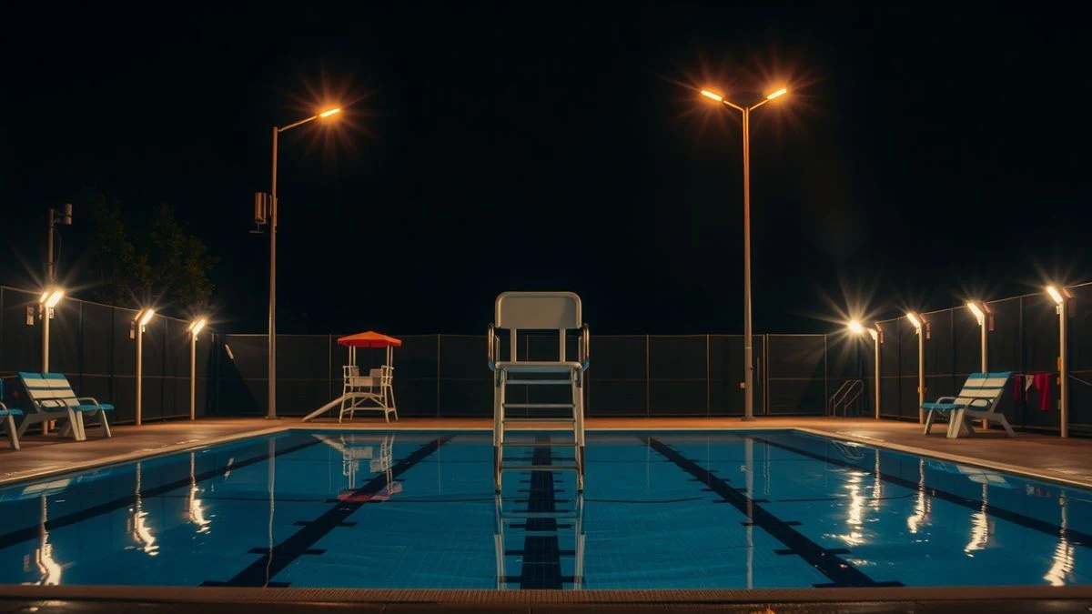 Empty pool with lifeguard chair and rescue equipment illuminated by night lights