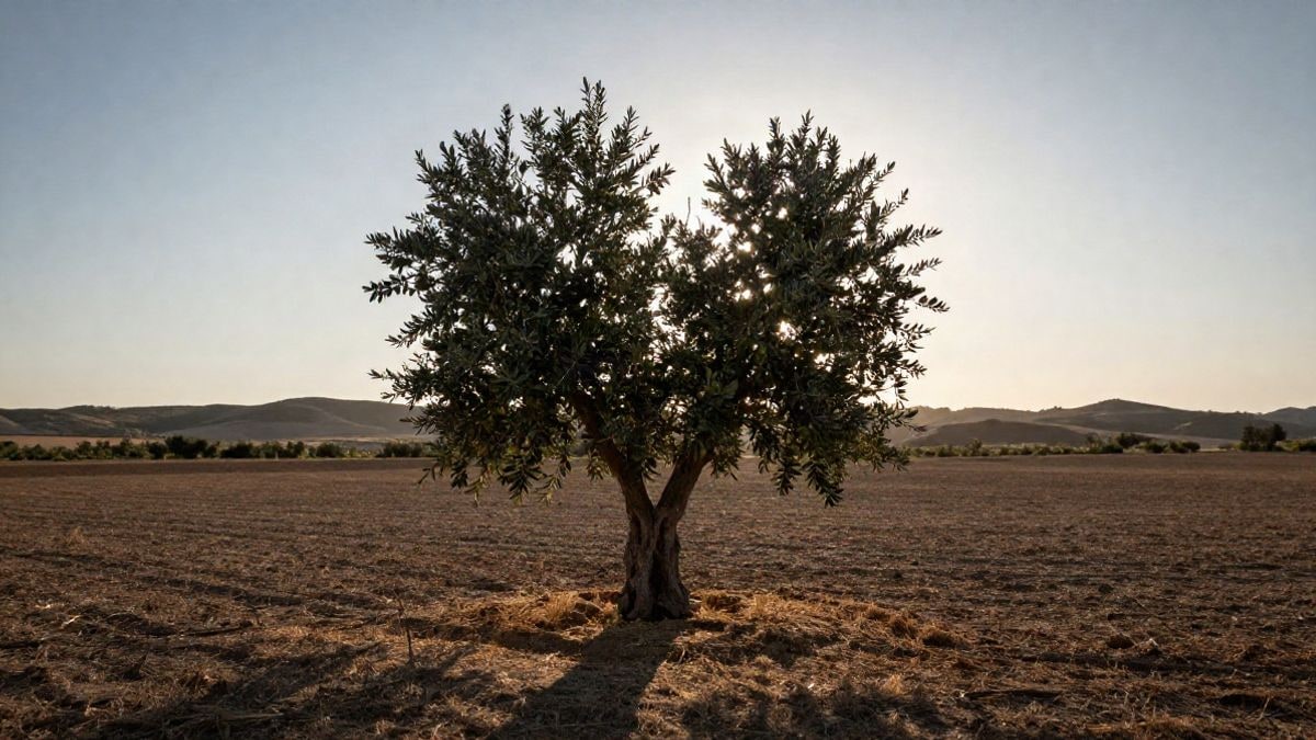 Imagen ilustrativa: un olivo solitario en un campo seco al atardecer