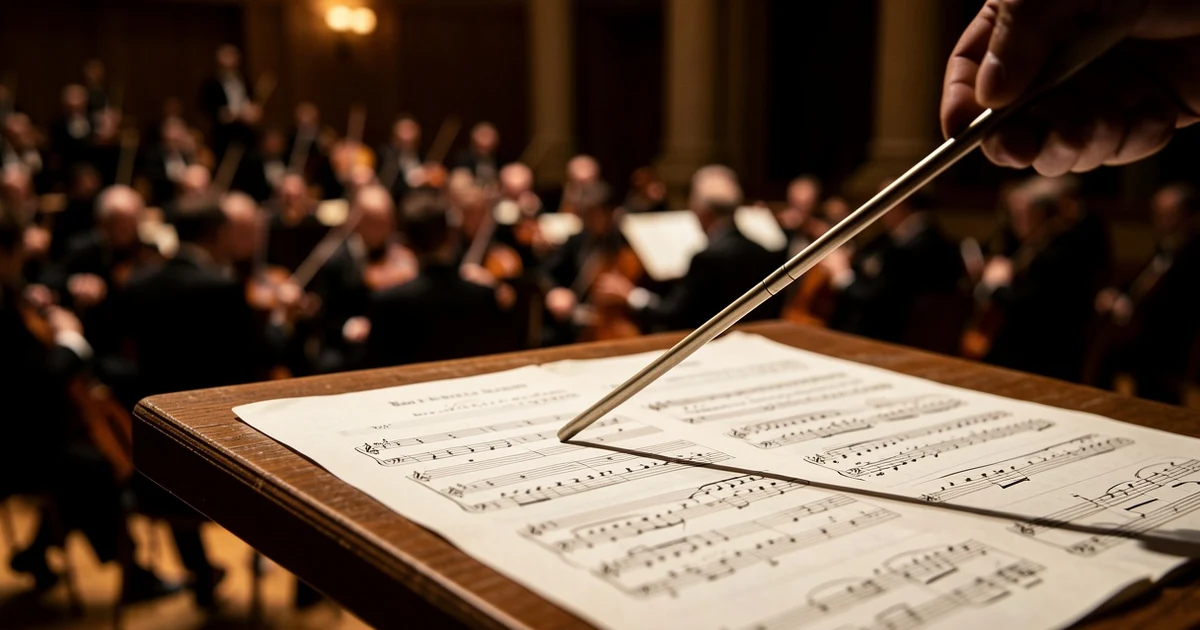 Conductor's baton on sheet music on a stand