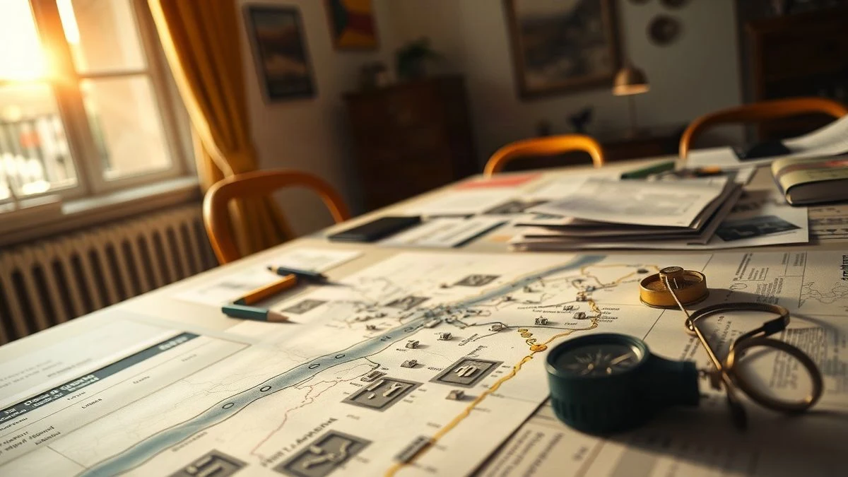 Imagen ilustrativa: mapas y documentos sobre una mesa con luz cálida de ventana, en una sala de reuniones
