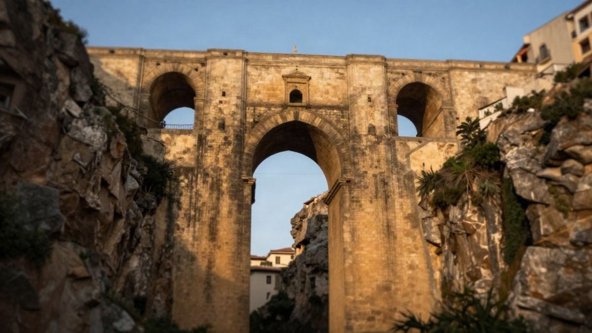 Imagen ilustrativa: arco de un puente de piedra sobre un desfiladero al atardecer