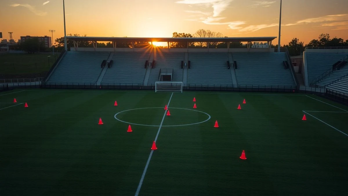 Vista cenital de un campo de fútbol vacío en Marbella al atardecer, con conos y petos sobre el césped