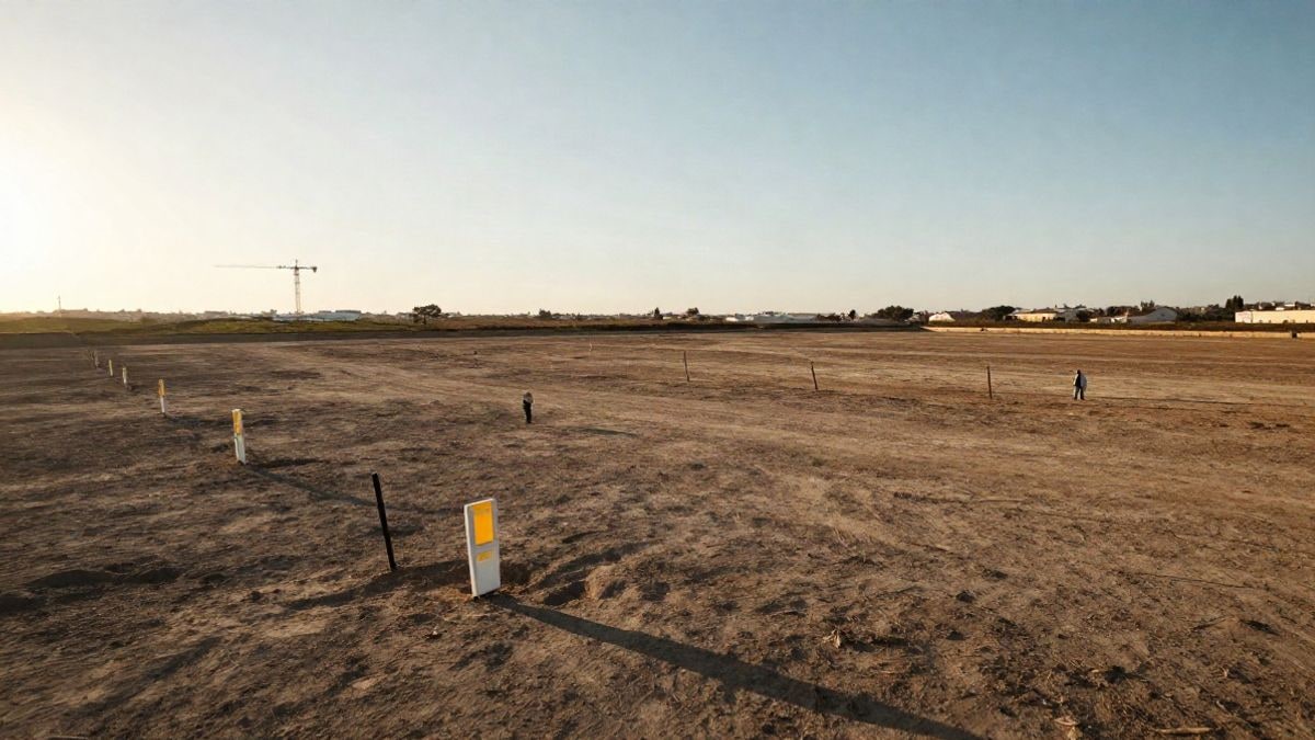 Illustrative image: undeveloped land plot with construction stakes and a distant crane at sunset