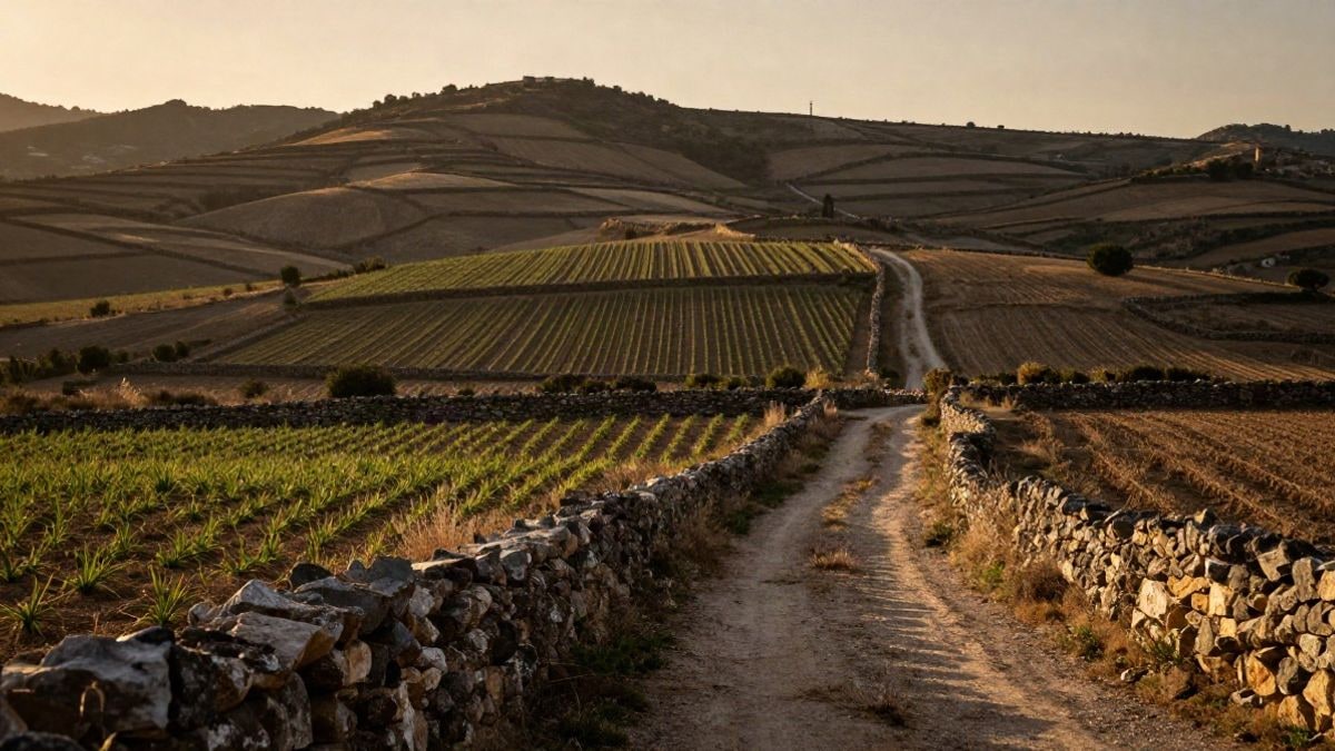 Illustrative image: Andalusian rural landscape with terraced crops and a dirt path at sunset