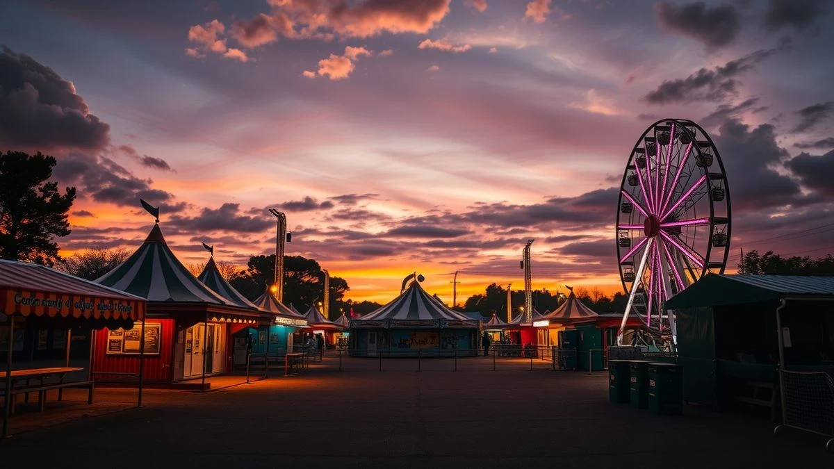 Imagen ilustrativa: recinto ferial iluminado al atardecer, con noria y casetas de colores, sin personas