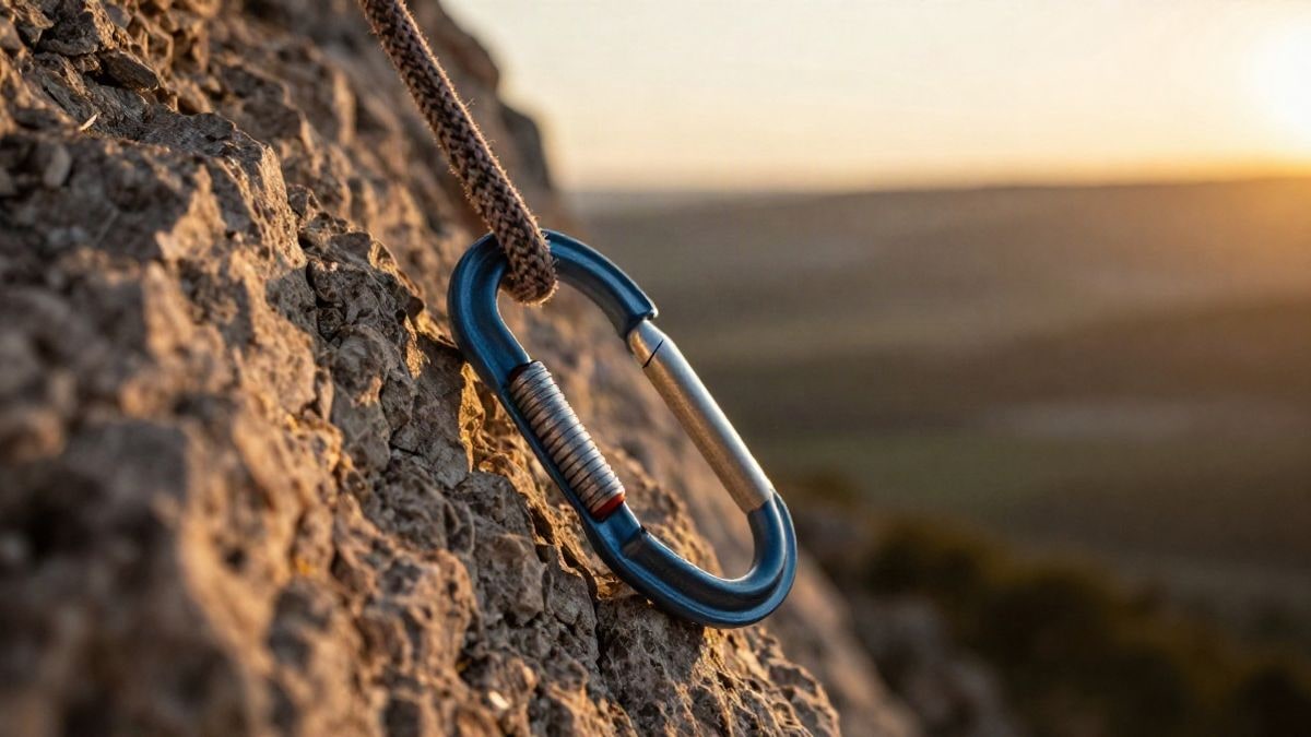 Illustrative image: close-up of a carabiner and climbing rope on a rock at sunset