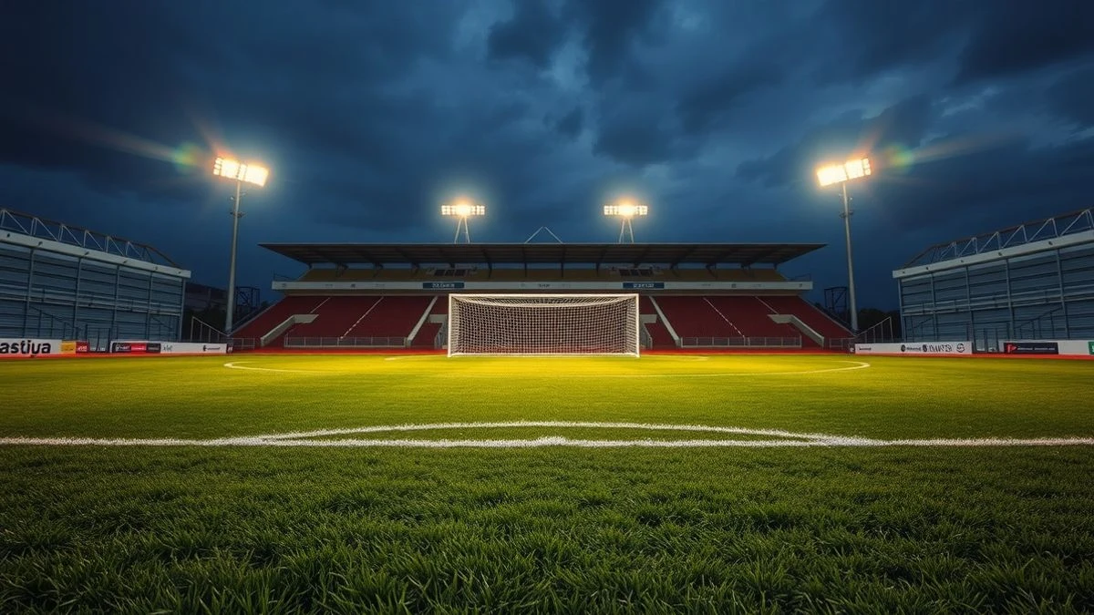 Imagen ilustrativa: campo de fútbol vacío al atardecer con redes de portería y focos encendidos