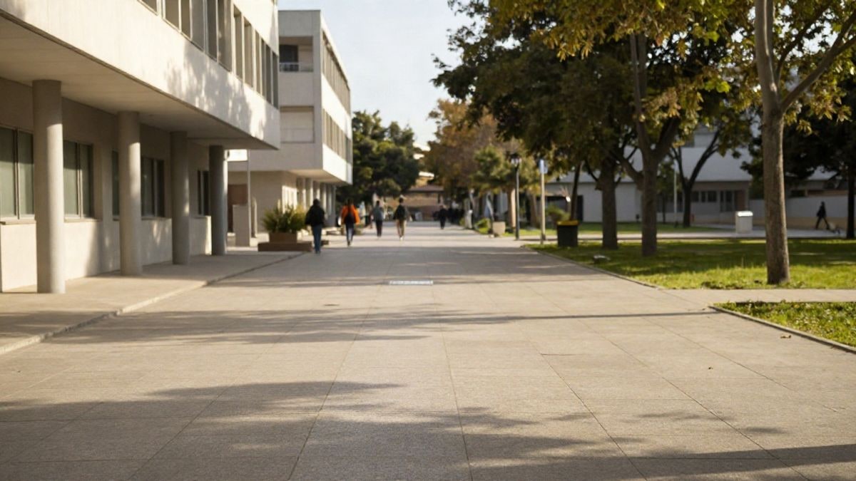 Imagen ilustrativa: pasillo de un campus universitario vacío con edificios modernos al fondo